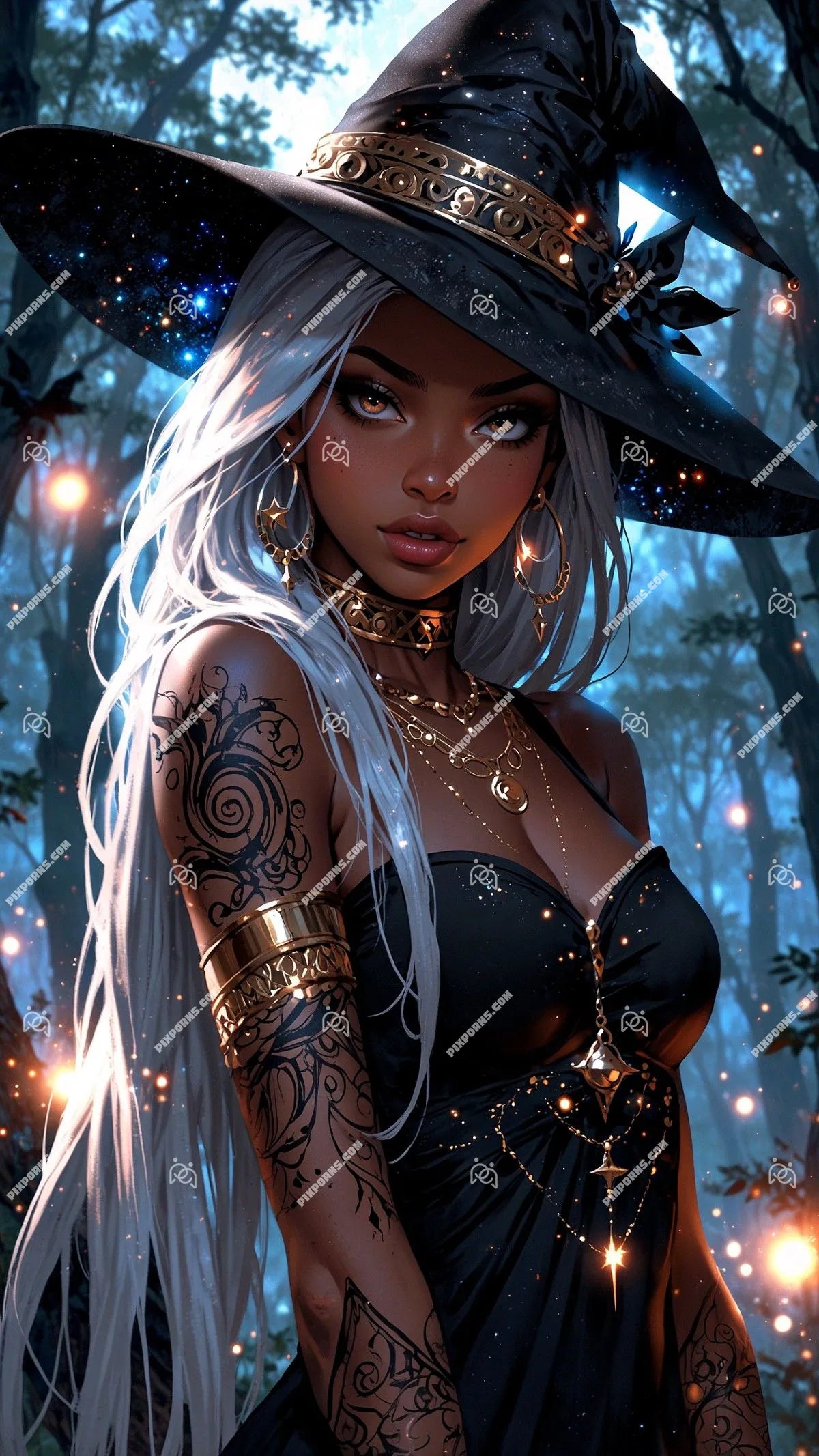 Fire Moon Witch cosmic fantasy Halloween digital print (Pose 626)