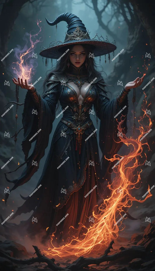 lood Moon Witch digital Halloween fantasy poster (Pose 618)
