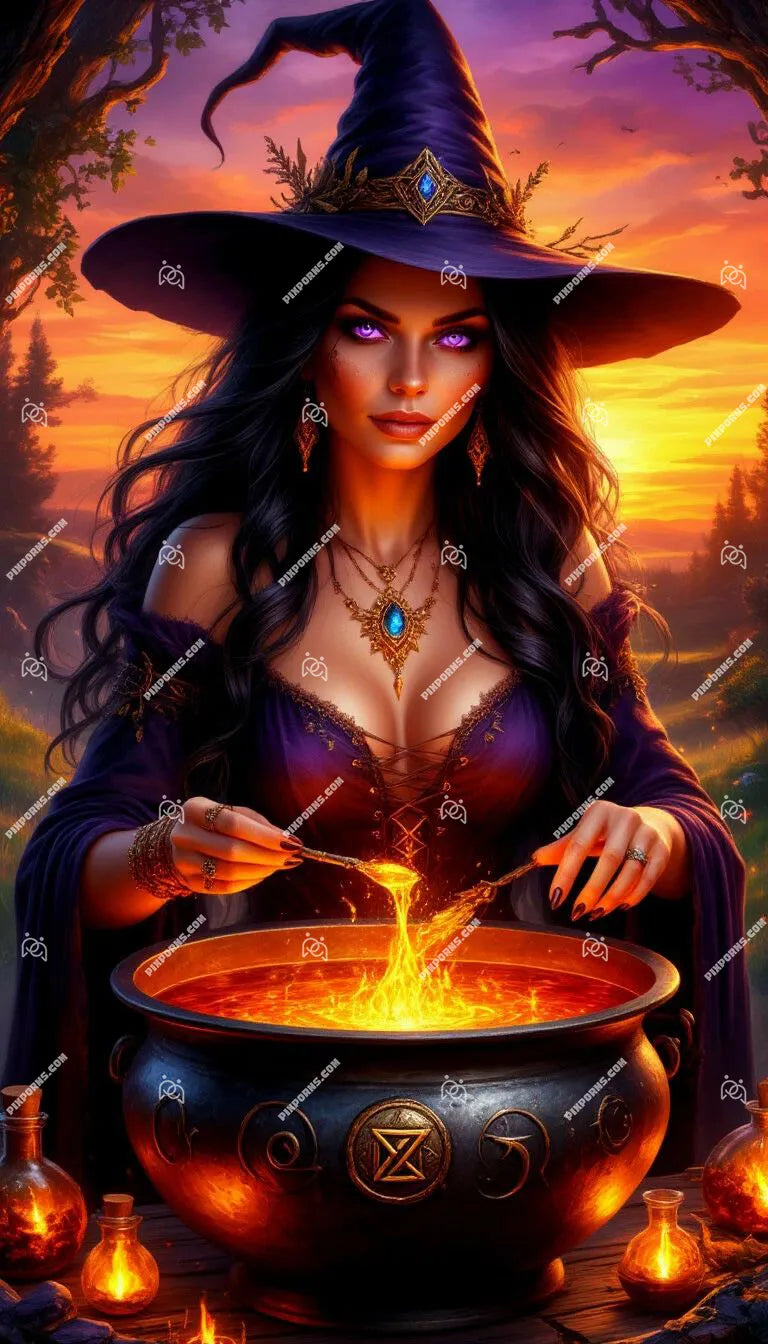 Celestial Fire Witch cosmic fantasy Halloween poster (Pose 620)