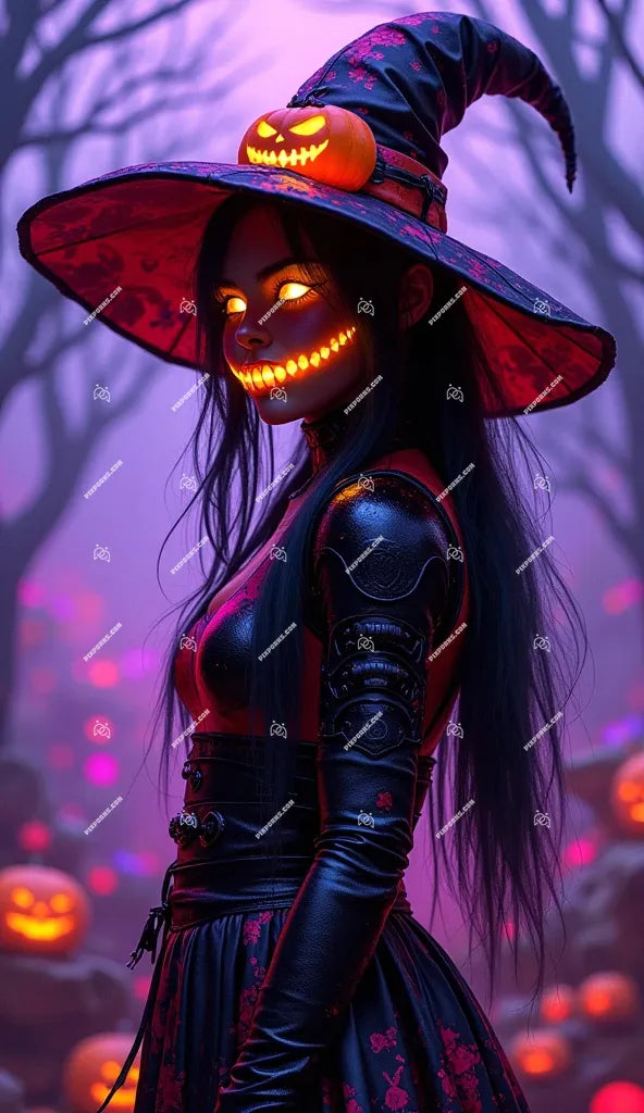 Pumpkin Witch digital Halloween poster (Pose 608)