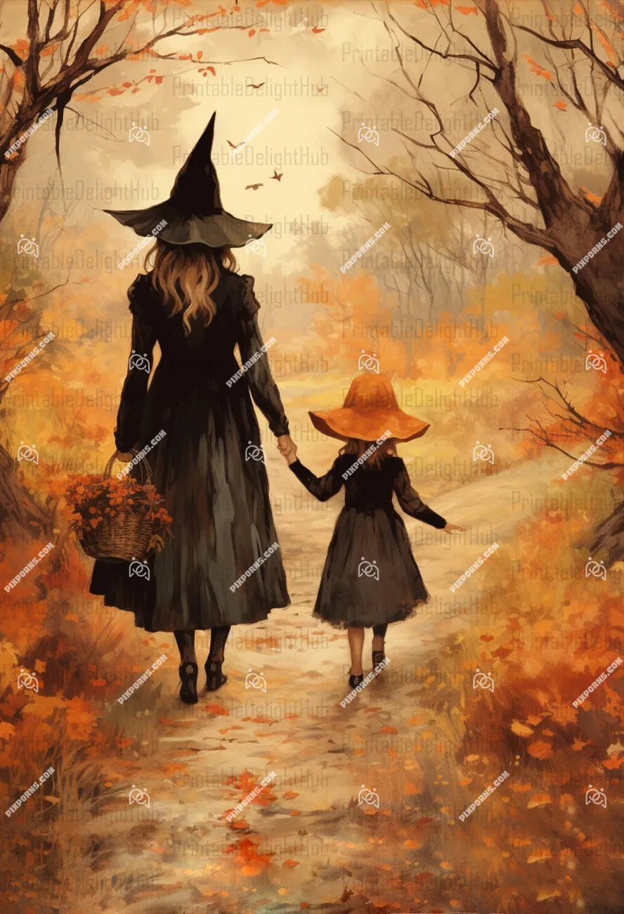 The Witch and Her Daughter autumn Halloween ghost family printable wall art (Pose 644)